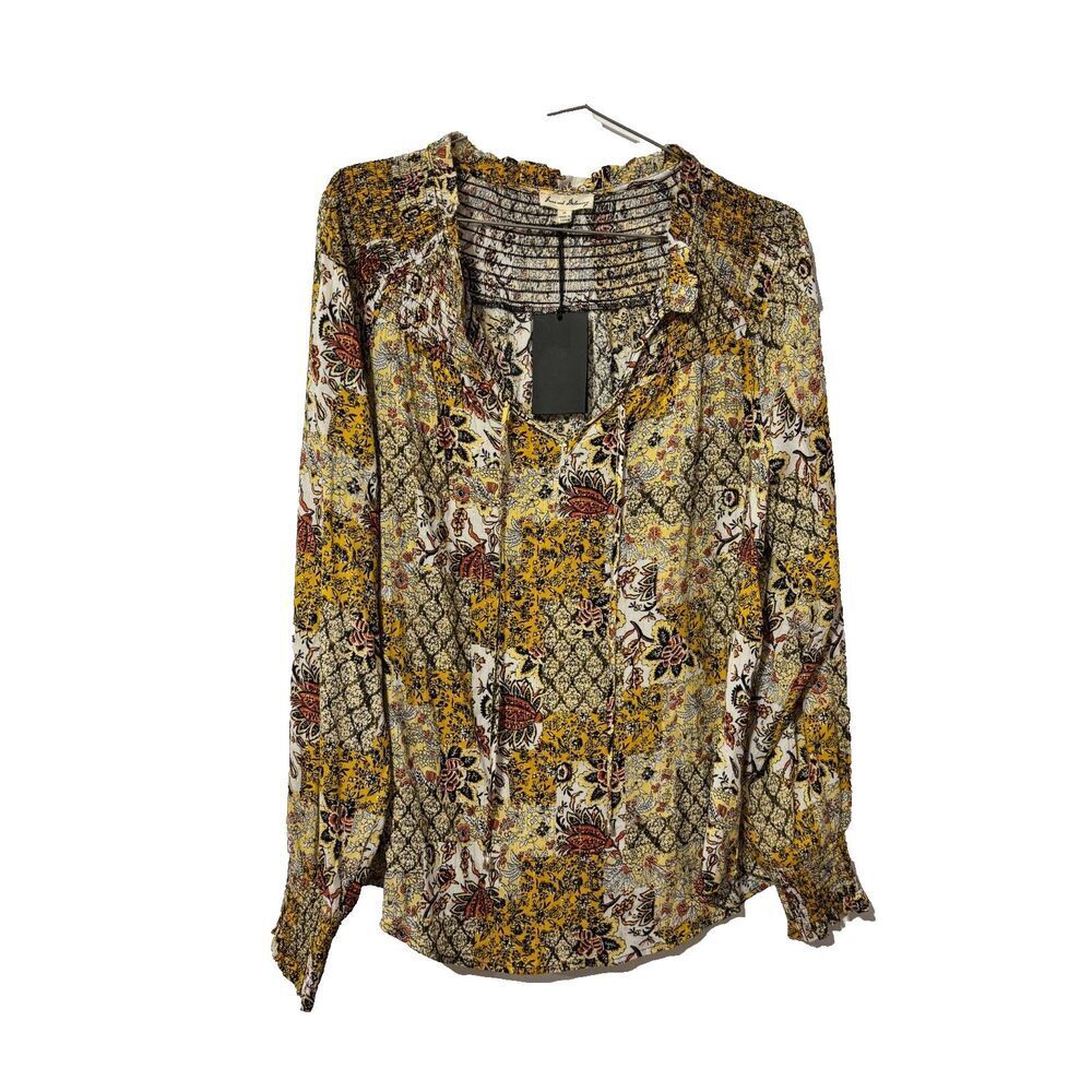 NWT Jane & Delancey Womens Yellow Bohemian Floral Smocked Blouse Top Size M‎